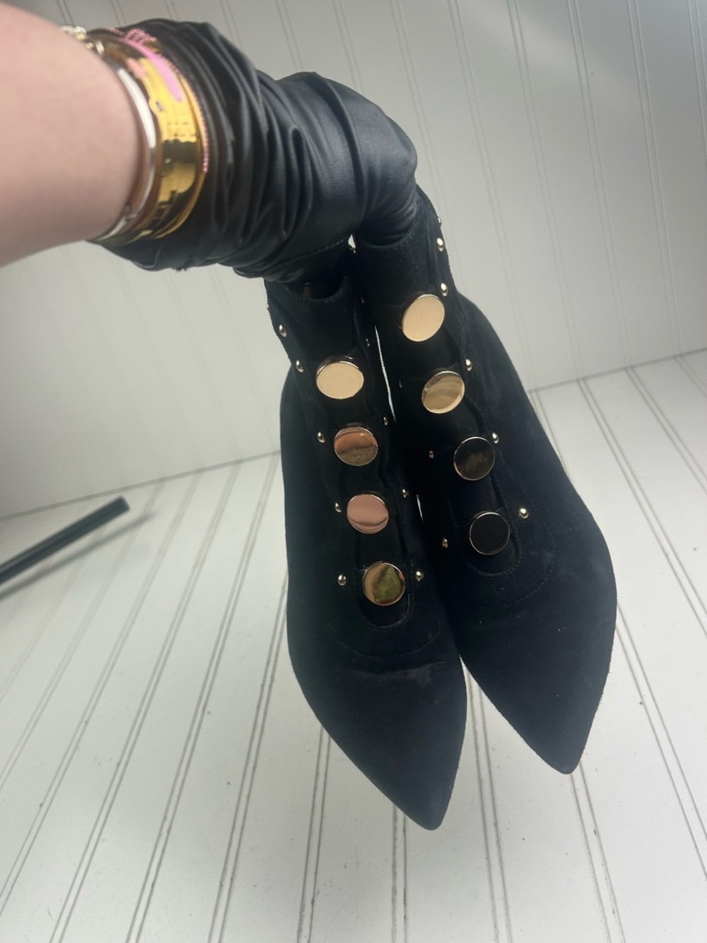 Jones Bootmaker Vintage Black Suede Studded Ankle Heel Boots Women’s Size 8 39 - Picture 8 of 12